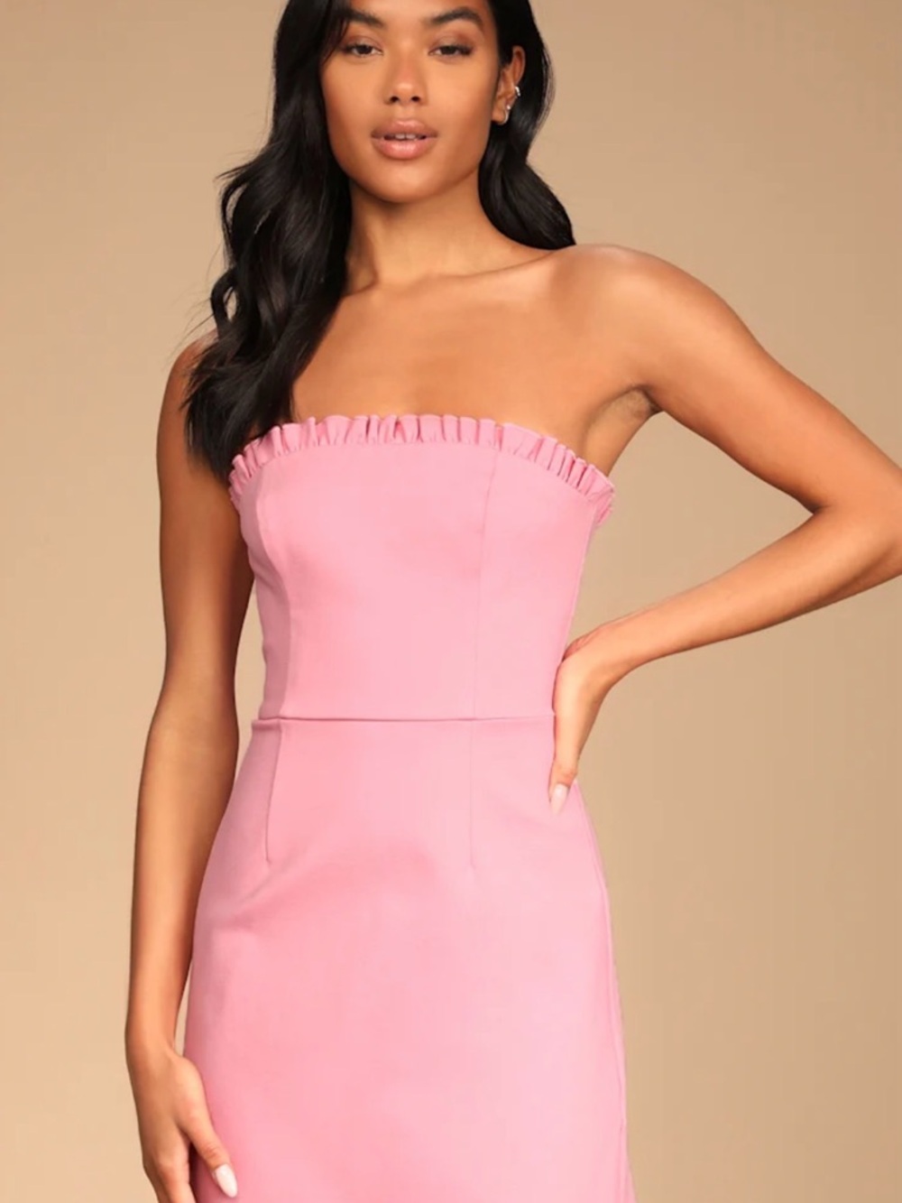 Strapless Pink Ruffle Trim Sheath Dress
